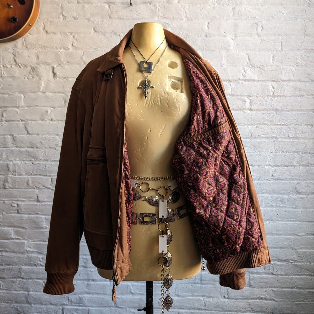Vintage Brown Genuine Leather Bomber Jacket Aviator Earthtone Pilot Neutral Coat - Picture 2 of 10